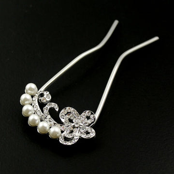 Czech Rhinestone & Pearl 2-Prong Bridal Hair Stick Fork Butterfy